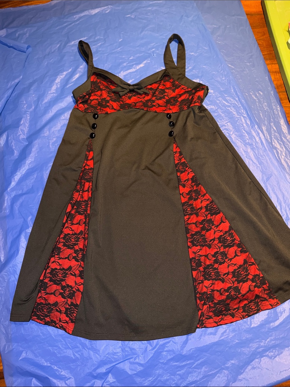 Black Midi Dress with Red Lace Insets